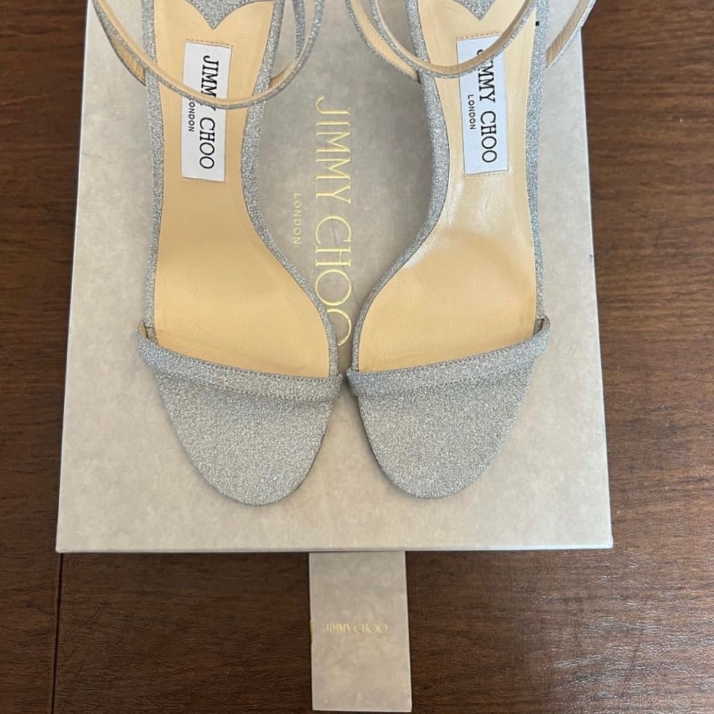 Jimmy Choo Minny 85 Silver Fine Glitter Leather Sandals